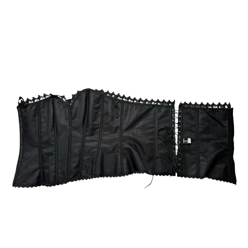 FREDERICKS OF HOLLYWOOD Black Silver Lace Up Corset Sz 42 Hook Eye Boning #8171